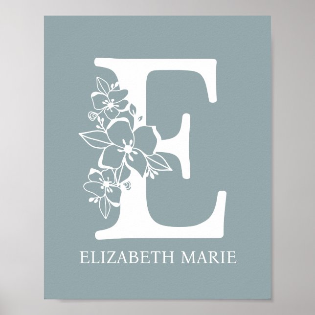 Blommigt Monogram Brev E Namn Nursery Modern Poster (Framsidan)