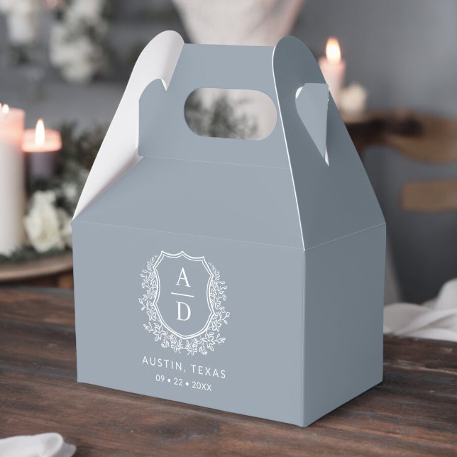Blommigt Monogram Bröllop Dusty Blue Vapensköld Mo Presentaskar (Skapare uppladdad)