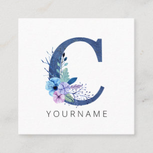 Blommigt Monogram C Vinterblå Blommar Fyrkantigt Visitkort