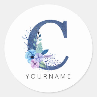 Blommigt Monogram C Vinterblå Blommar Runt Klistermärke
