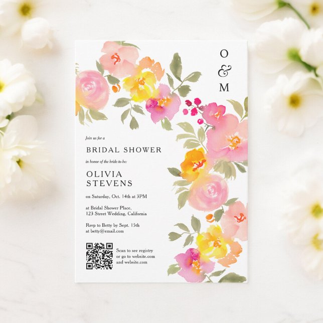 Blommigt monogram chic Qr-kodsfoto möhippa Inbjudningar (Floral monogram chic Qr code photo bridal shower Invitation)