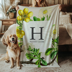 Blommigt Monogram Daisys Initial Greenery Fleecefilt