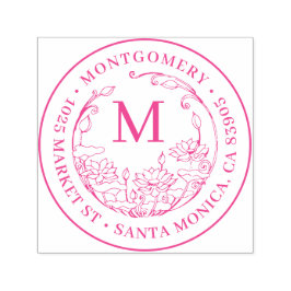 Blommigt Monogram Family Namn & Round Returadress Självfärgande Stämpel