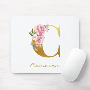 Blommigt Monogram Faux Guld Namn Initial Personali Musmatta
