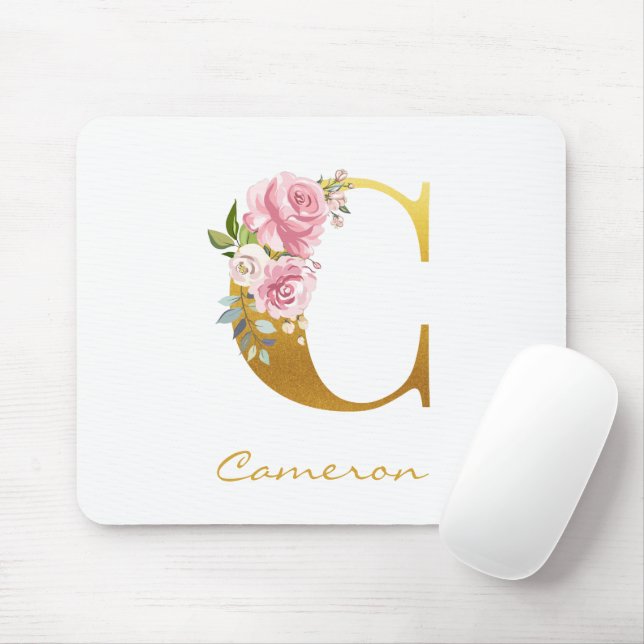 Blommigt Monogram Faux Guld Namn Initial Personali Musmatta (Med mus)