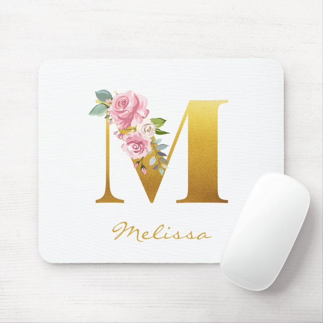 Blommigt Monogram Faux Guld Namn Initial Personali Musmatta (Med mus)