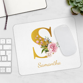 Blommigt Monogram Faux Guld Namn Initial Personali Musmatta