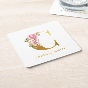 Blommigt Monogram Faux Guld Namn Initial Personali Underlägg Papper Kvadrat