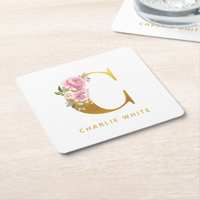 Blommigt Monogram Faux Guld Namn Initial Personali Underlägg Papper Kvadrat (Vinklad)