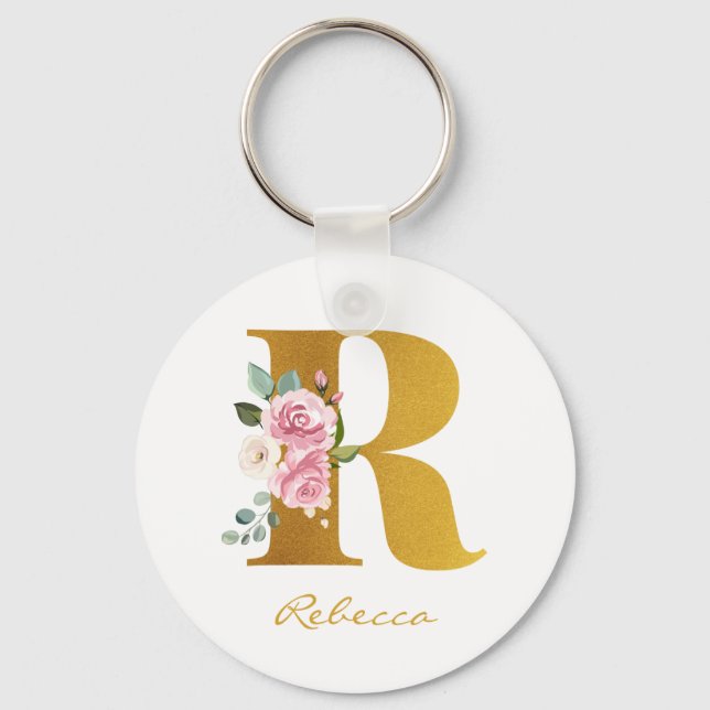 Blommigt Monogram Faux Guld Namn Personlig Nyckelring (Framsida)