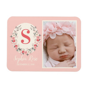 Blommigt Monogram Flicka Meddelande om Rosa Magnet