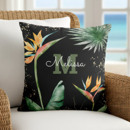 Blommigt Monogram för Black Guld Tropical Island  Kudde