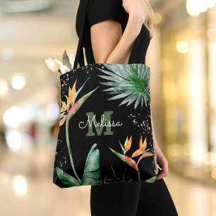Blommigt Monogram för Black Guld Tropical Island Tygkasse