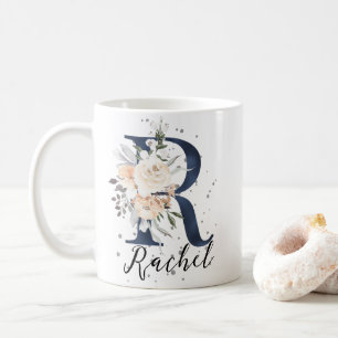 Blommigt Monogram för marinblått Brev R Peach Crea Kaffemugg