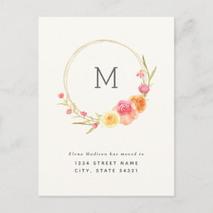 Blommigt Monogram Förändring av Adress meddelande Vykort