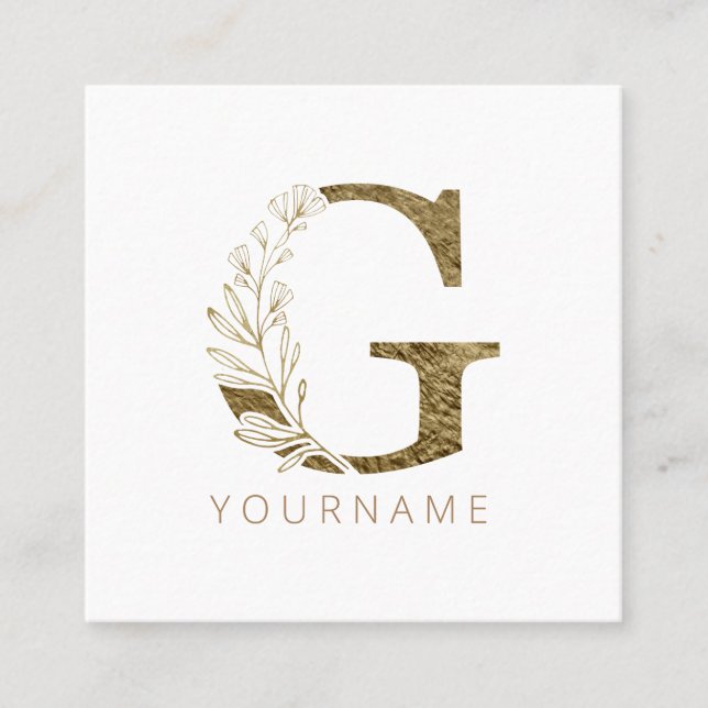 Blommigt Monogram G Elegant Guld Foliage Fyrkantigt Visitkort (Framsida)