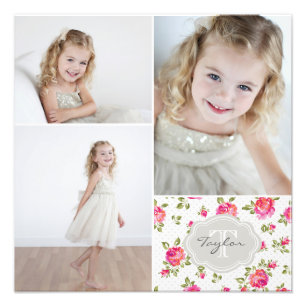 Blommigt Monogram Girly Photo Collage Fototryck
