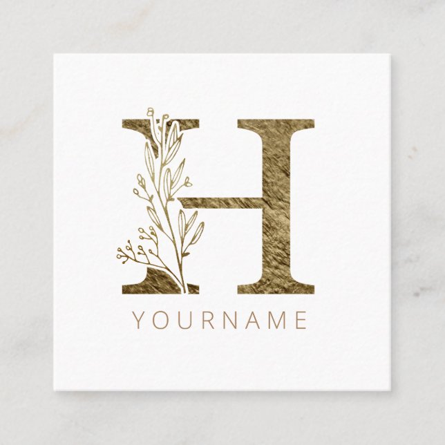 Blommigt Monogram H Elegant Guld Foliage Fyrkantigt Visitkort (Framsida)