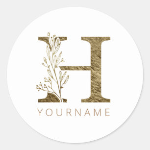 Blommigt Monogram H Elegant Guld Foliage Runt Klistermärke