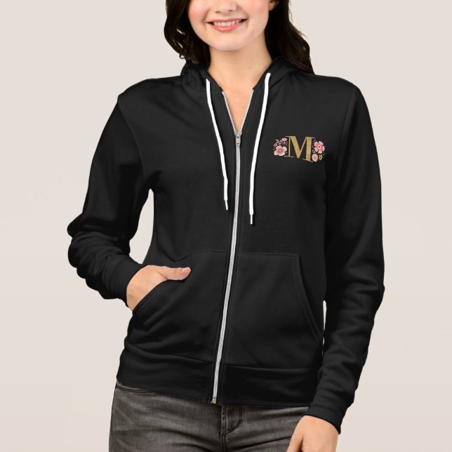 Blommigt Monogram Initial Brev M Black Hoodie T Shirt (Framsida)