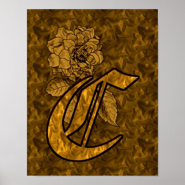 Blommigt Monogram Initial C Guld Peony Poster (Framsidan)