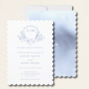 Blommigt Monogram Initial Vapensköld Dusty Blue Br Inbjudningar