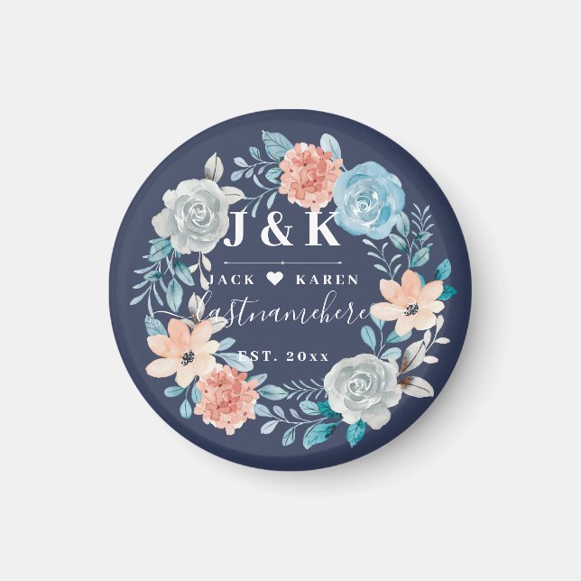 Blommigt Monogram Initialer Anpassningsbar Family  Magnet (Framsidan)