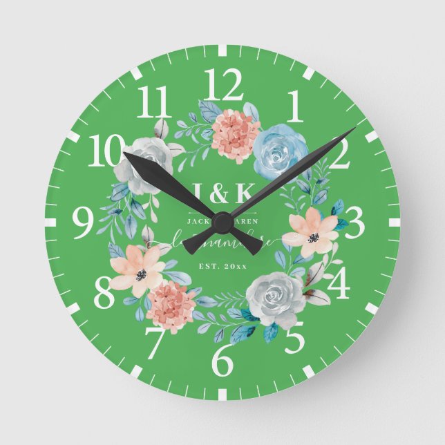 Blommigt Monogram Initialer Anpassningsbar Family  Rund Klocka (Framsida)
