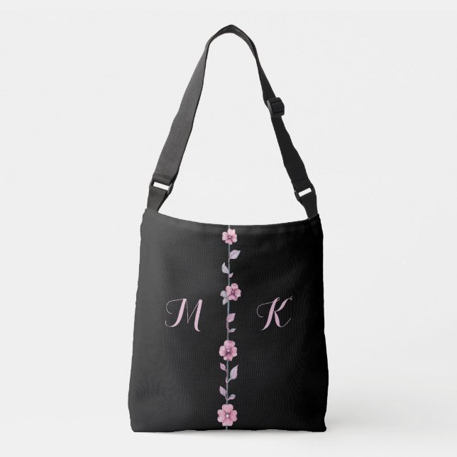 Blommigt Monogram Initialer Watercolor Rosa Black Axelväska (Framsida)