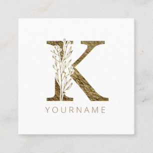 Blommigt Monogram K Elegant Guld Foliage Fyrkantigt Visitkort
