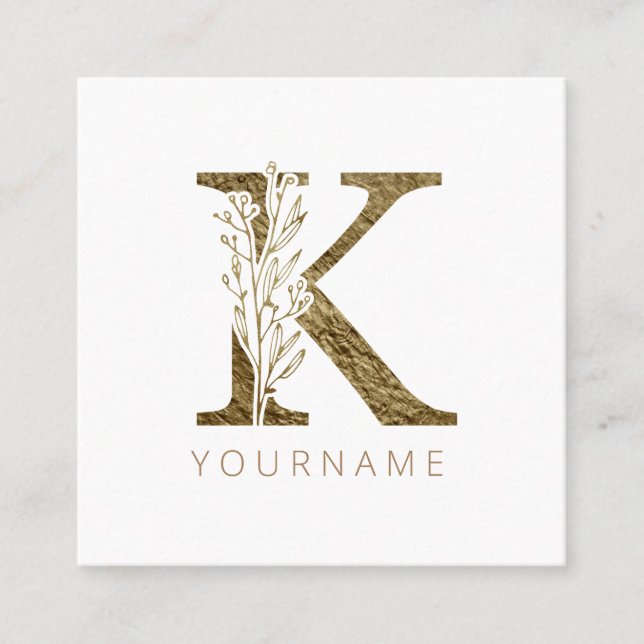 Blommigt Monogram K Elegant Guld Foliage Fyrkantigt Visitkort (Framsida)