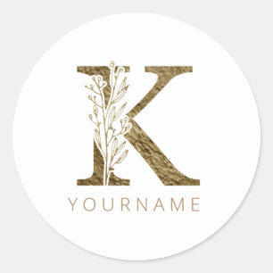 Blommigt Monogram K Elegant Guld Foliage Runt Klistermärke