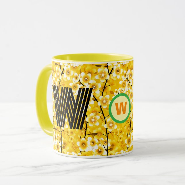 Blommigt Monogram-kaffe Mugg (unikt inledande gift (Framsida vänster)