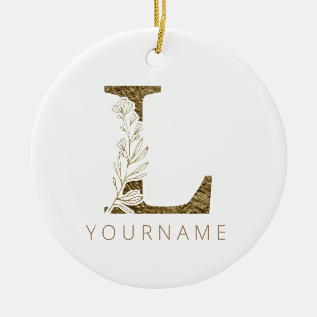 Blommigt Monogram L Elegant Guld Foliage Julgransprydnad Keramik (Framsidan)