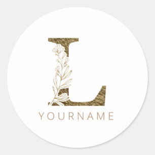 Blommigt Monogram L Elegant Guld Foliage Runt Klistermärke