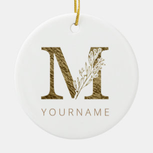 Blommigt Monogram M Elegant Guld Foliage Julgransprydnad Keramik