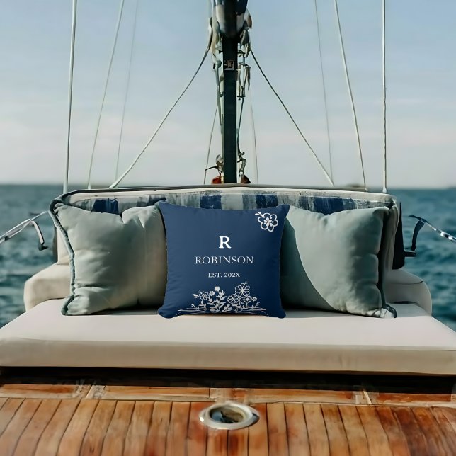 Blommigt Monogram marin och vit Anpassningsbar Inl Kudde (Floral Monogram Navy And White Custom Initial Throw Pillow)