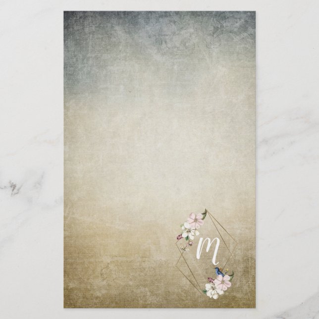 Blommigt Monogram med fåglar Brevpapper (Framsida)