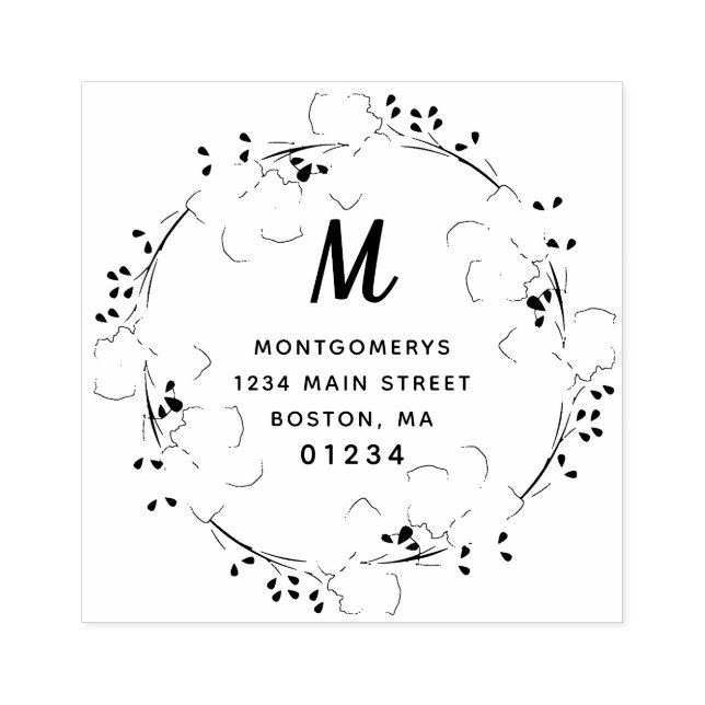 Blommigt Monogram Modern Script Returadress Stämpel (Tryck)