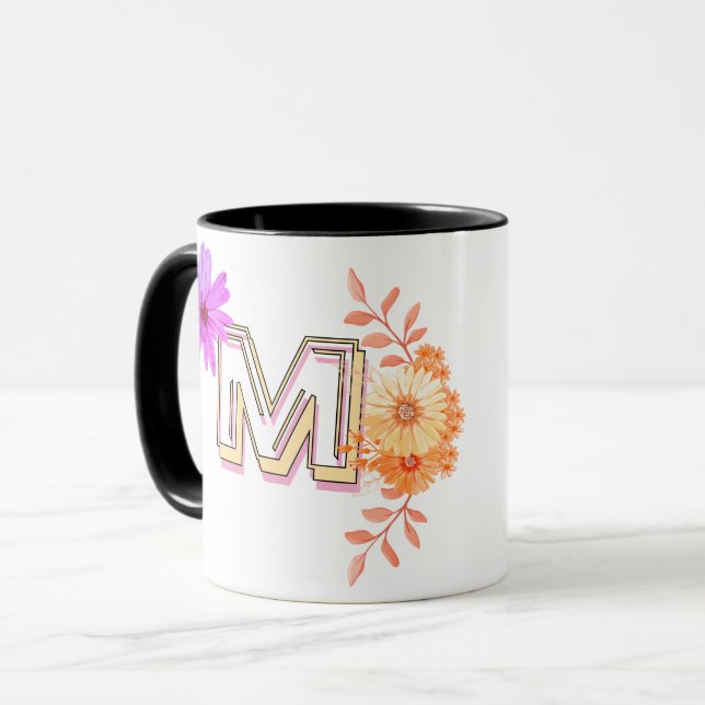 Blommigt Monogram Mugg - Elegant Brev m Kaffe Kopp (Framsida vänster)