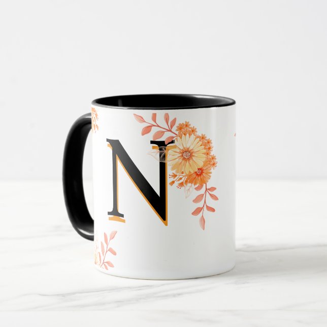 Blommigt Monogram Mugg - Elegant Brev N Kaffe Kopp (Framsida vänster)