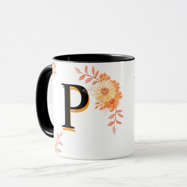 Blommigt Monogram Mugg - Elegant Brev P Kaffe Kopp (Framsida vänster)