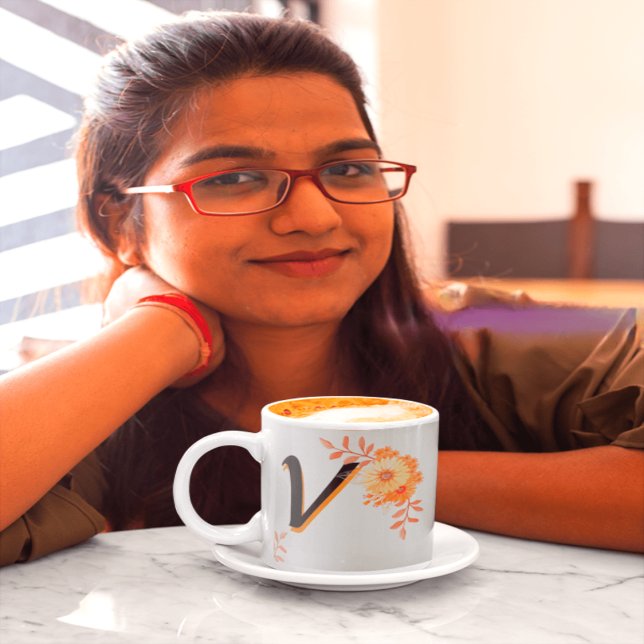 Blommigt Monogram Mugg-Elegant Brev V-writ u namn Mugg (Skapare uppladdad)