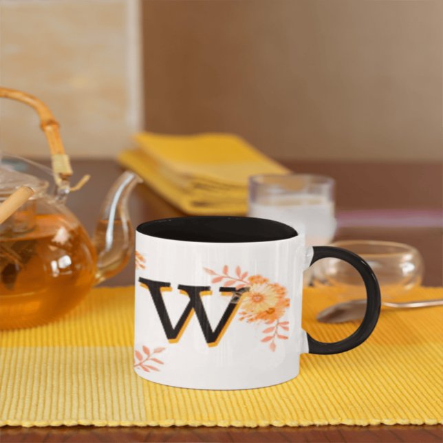 Blommigt Monogram Mugg-Elegant Brev W-writ u namn Mugg (Skapare uppladdad)