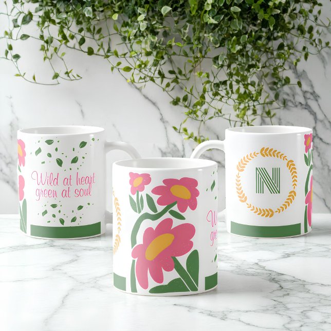 Blommigt Monogram Mugg - Vild i hjärtat, Grönt i S (Skapare uppladdad)