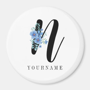 Blommigt Monogram N Blue Flower Burst Magnet