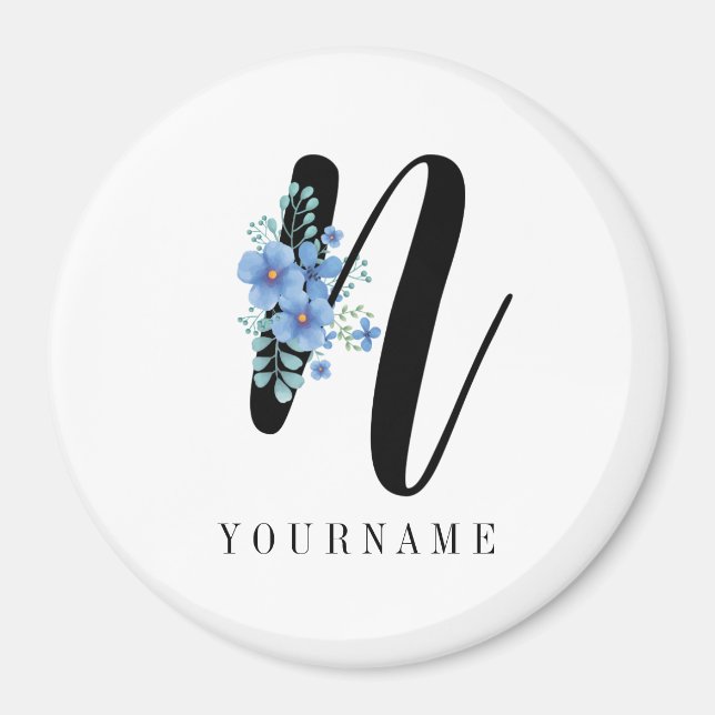 Blommigt Monogram N Blue Flower Burst Magnet (Framsidan)