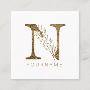 Blommigt Monogram N Elegant Guld Foliage Fyrkantigt Visitkort