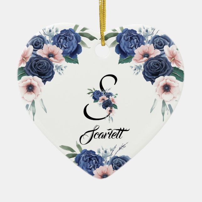 Blommigt Monogram-Personlig Julgransprydnad Keramik (Framsidan)