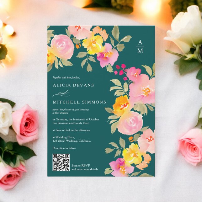 Blommigt monogram Qr-kod foto djupt teal bröllop Inbjudningar (Floral monogram Qr code photo deep teal wedding Invitation)